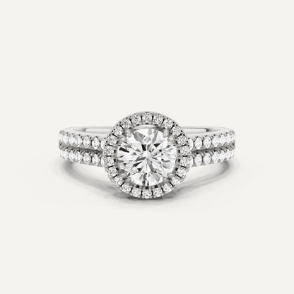 1 1/10 ctw Round Diamond Double Row Side Stone Halo Engagement Ring - Lotus Diamond
