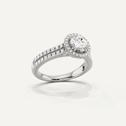 1 1/10 ctw Round Diamond Double Row Side Stone Halo Engagement Ring - Lotus Diamond