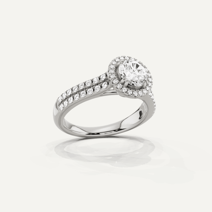1 1/10 ctw Round Diamond Double Row Side Stone Halo Engagement Ring - Lotus Diamond
