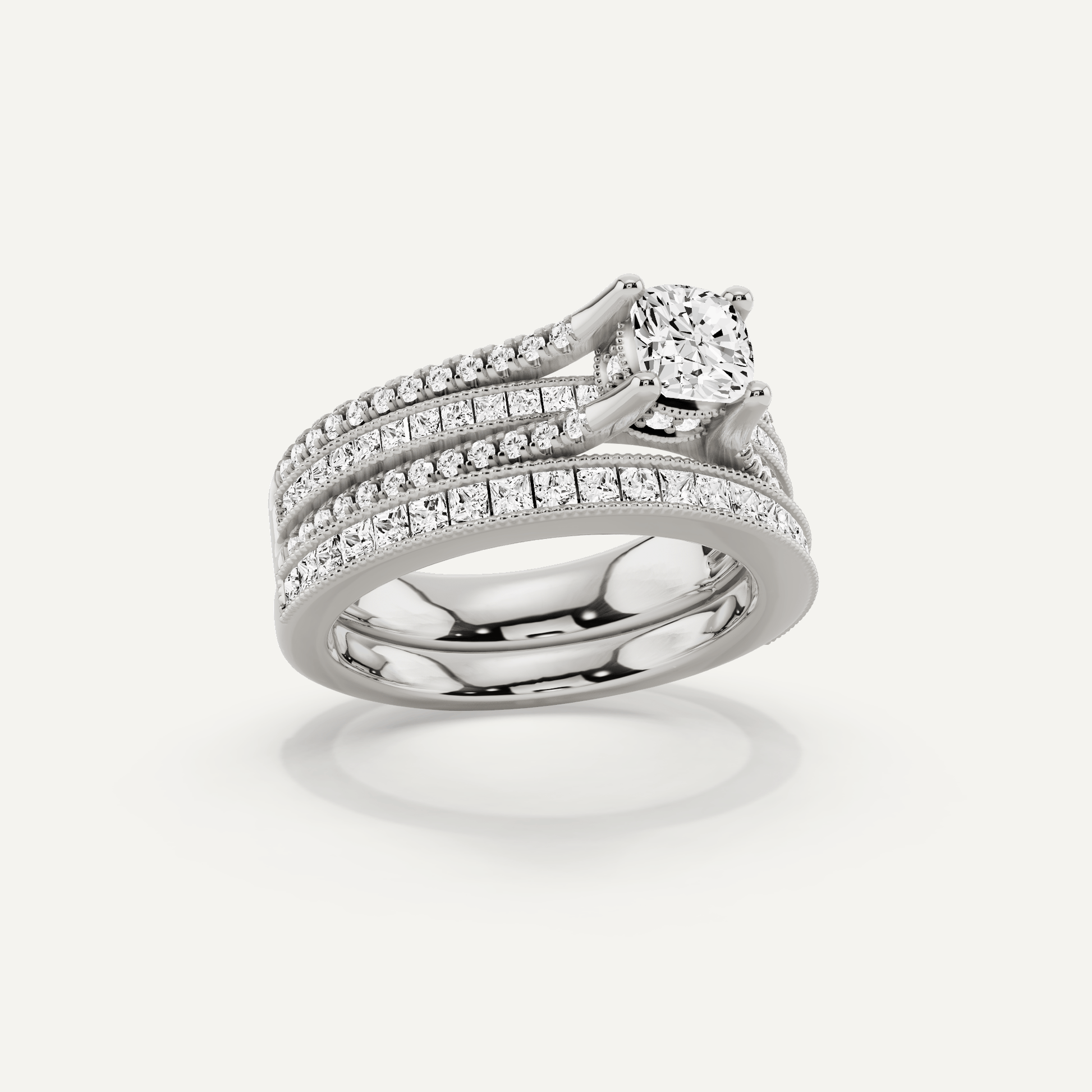 1 1/2 ctw Cushion Diamond Double Shank Bridal Set with Princess Side Stone - Lotus Diamond