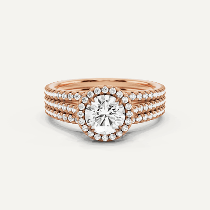 1 1/2 ctw Round Three Row Side Stone Halo Engagement Ring - Lotus Diamond