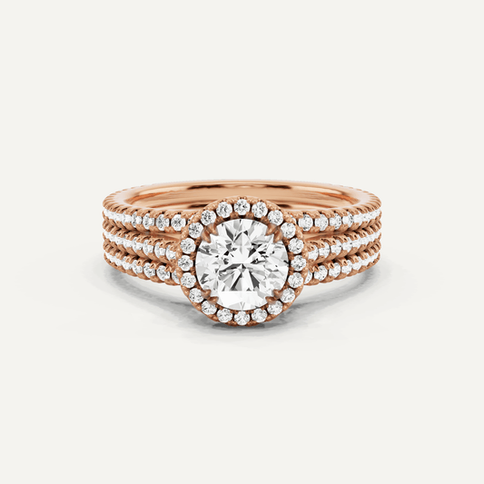 1 1/2 ctw Round Three Row Side Stone Halo Engagement Ring - Lotus Diamond