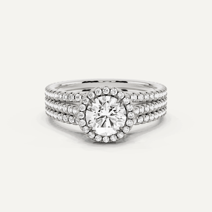 1 1/2 ctw Round Three Row Side Stone Halo Engagement Ring - Lotus Diamond