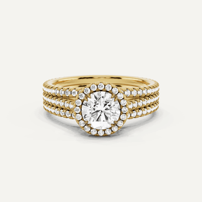 1 1/2 ctw Round Three Row Side Stone Halo Engagement Ring - Lotus Diamond