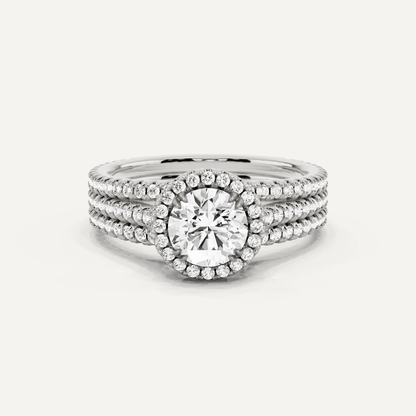 1 1/2 ctw Round Three Row Side Stone Halo Engagement Ring - Lotus Diamond