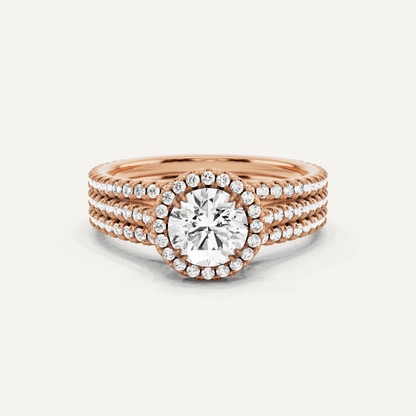 1 1/2 ctw Round Three Row Side Stone Halo Engagement Ring - Lotus Diamond
