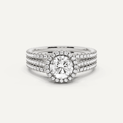 1 1/2 ctw Round Three Row Side Stone Halo Engagement Ring - Lotus Diamond