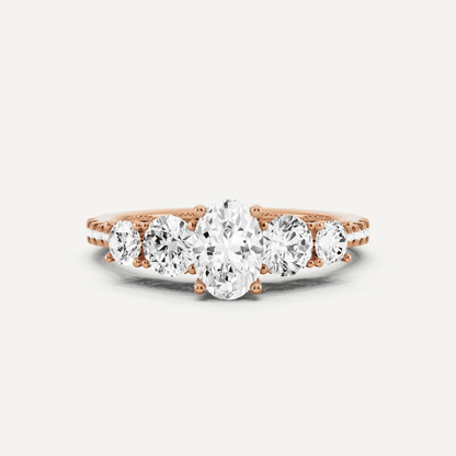 1 1/3 ctw Oval Diamond Graduated Side Stone Engagement Ring - Lotus Diamond