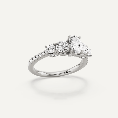1 1/3 ctw Oval Diamond Graduated Side Stone Engagement Ring - Lotus Diamond