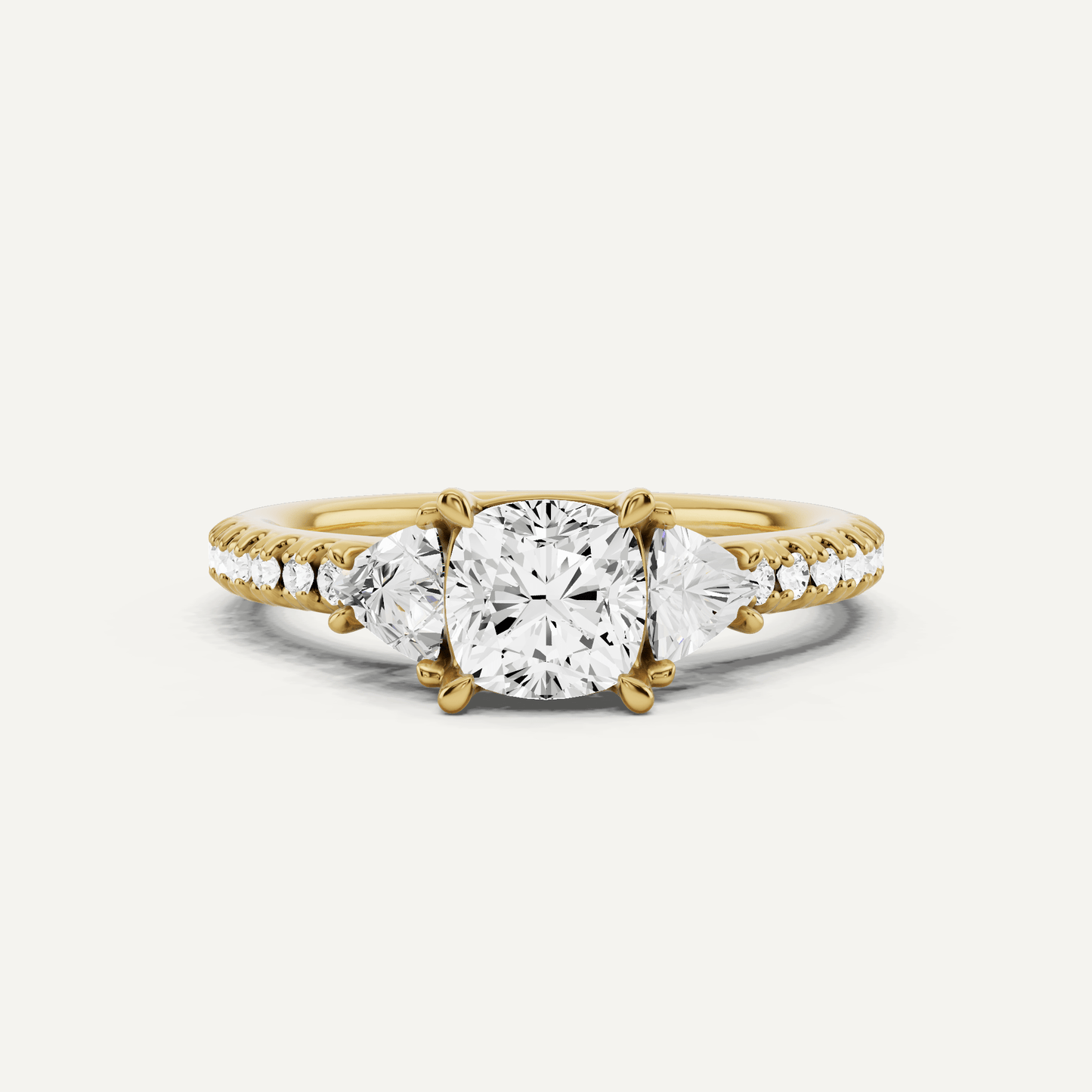 1 1/4 ctw Cushion Diamond Three Stone Engagement Ring With Trillion Side Stones - Lotus Diamond