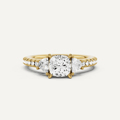 1 1/4 ctw Cushion Diamond Three Stone Engagement Ring With Trillion Side Stones - Lotus Diamond