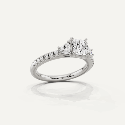 1 1/4 ctw Cushion Diamond Three Stone Engagement Ring With Trillion Side Stones - Lotus Diamond