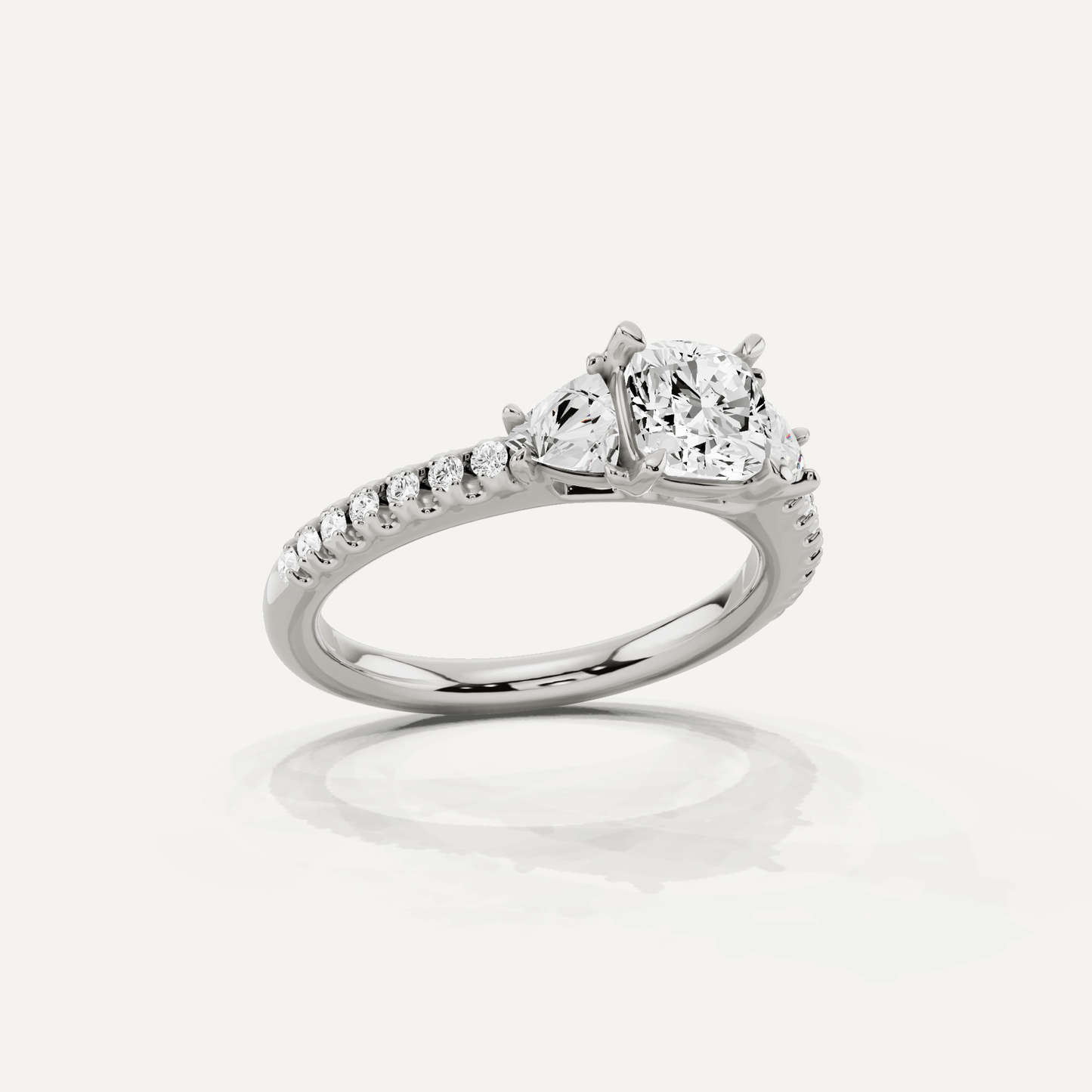 1 1/4 ctw Cushion Diamond Three Stone Engagement Ring With Trillion Side Stones - Lotus Diamond