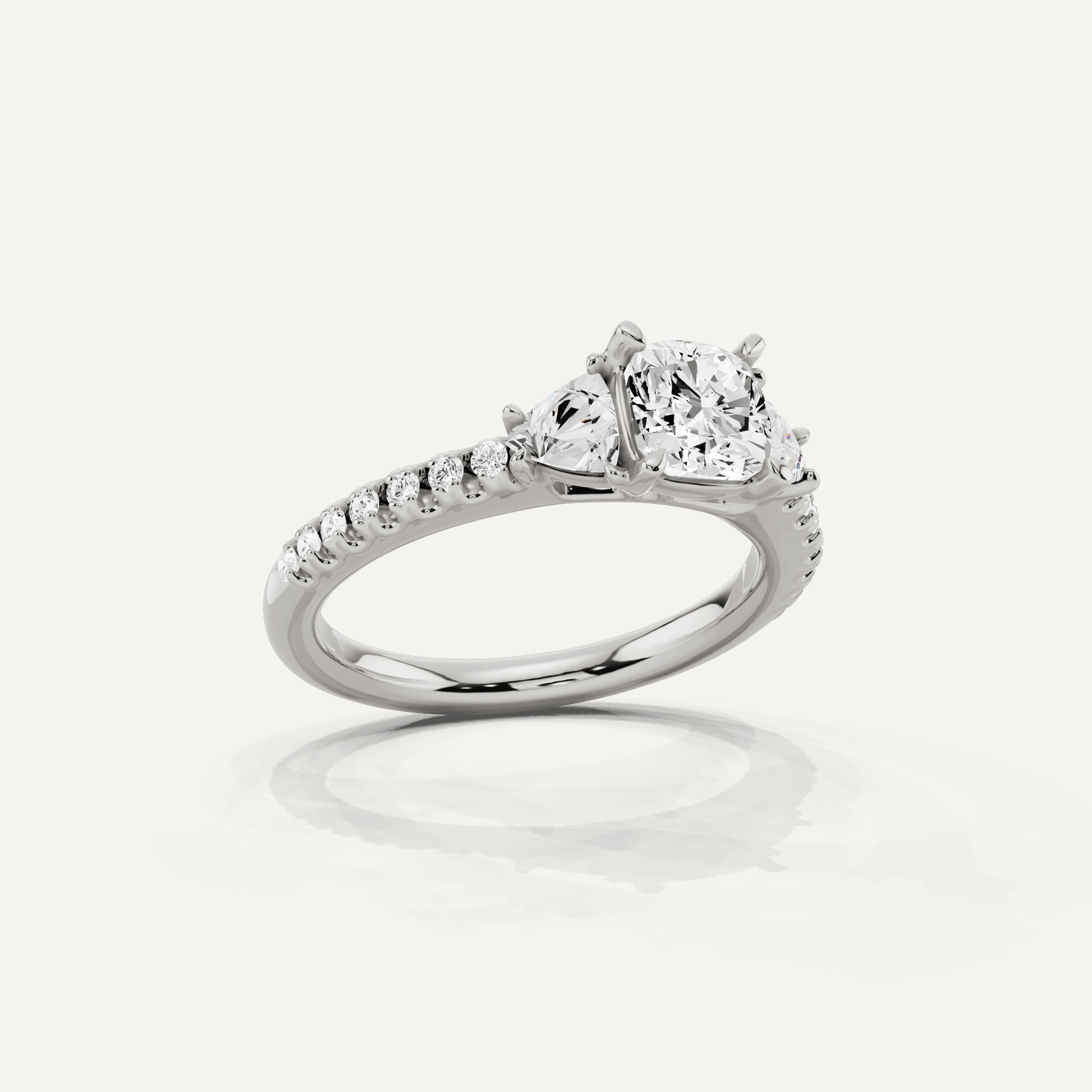 1 1/4 ctw Cushion Diamond Three Stone Engagement Ring With Trillion Side Stones - Lotus Diamond