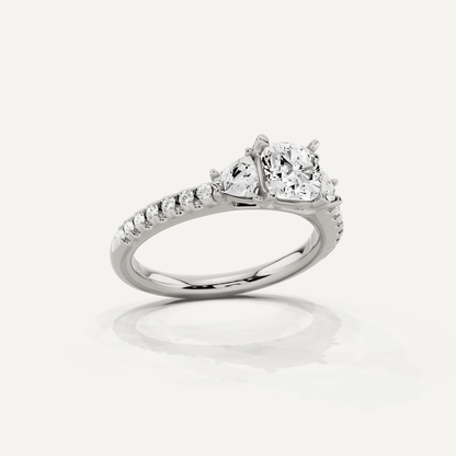 1 1/4 ctw Cushion Diamond Three Stone Engagement Ring With Trillion Side Stones - Lotus Diamond