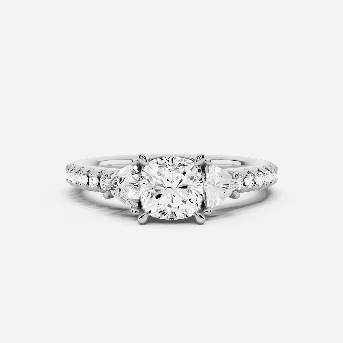 1 1/4 ctw Cushion Diamond Three Stone Engagement Ring With Trillion Side Stones - Lotus Diamond