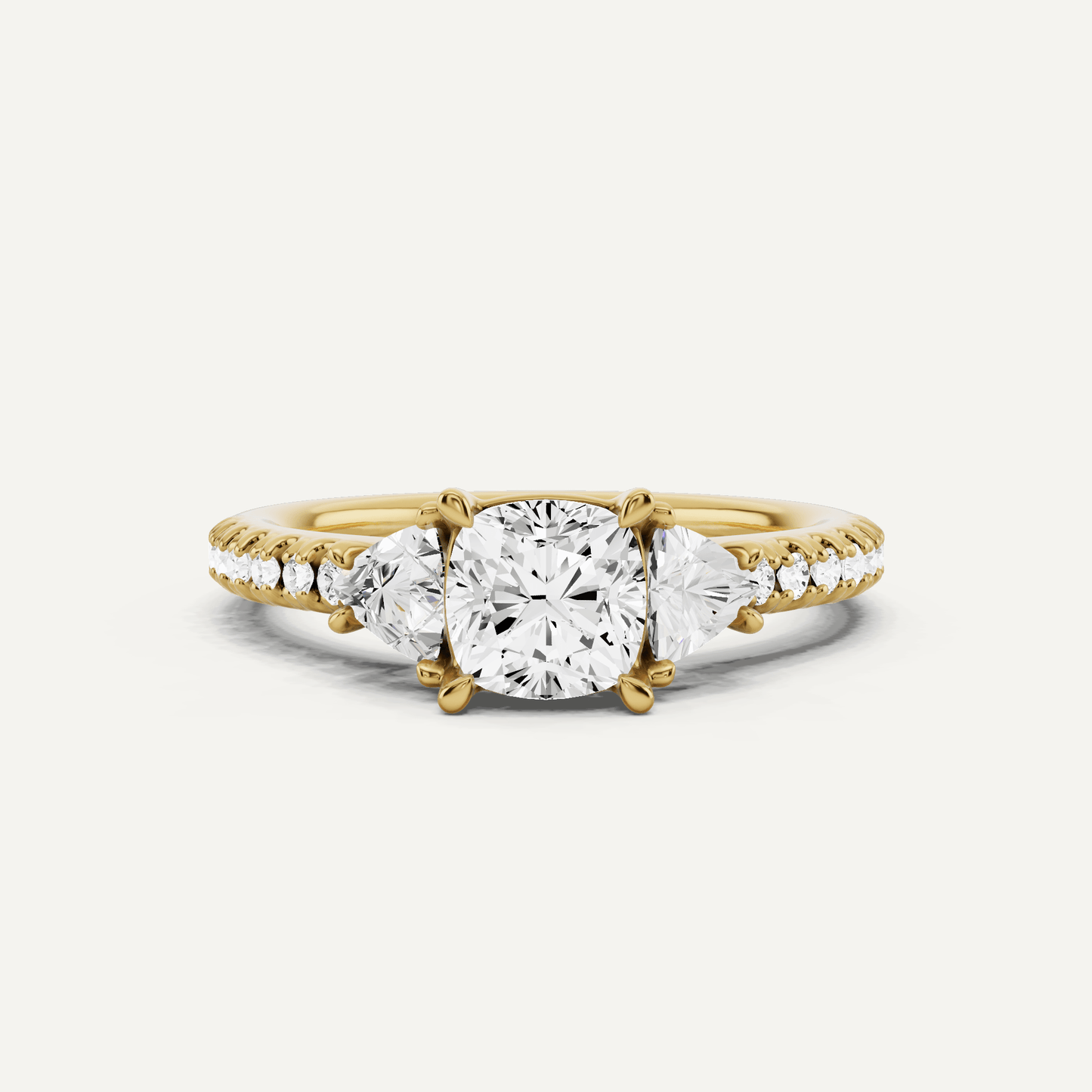 1 1/4 ctw Cushion Diamond Three Stone Engagement Ring With Trillion Side Stones - Lotus Diamond