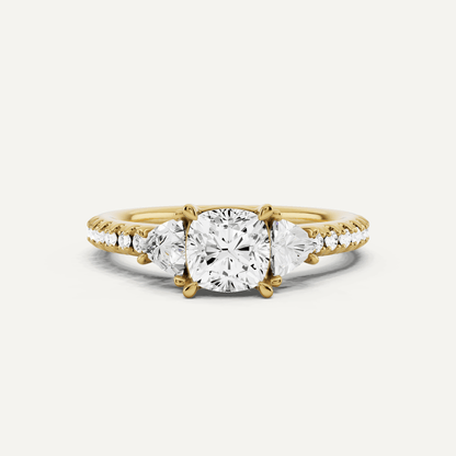 1 1/4 ctw Cushion Diamond Three Stone Engagement Ring With Trillion Side Stones - Lotus Diamond