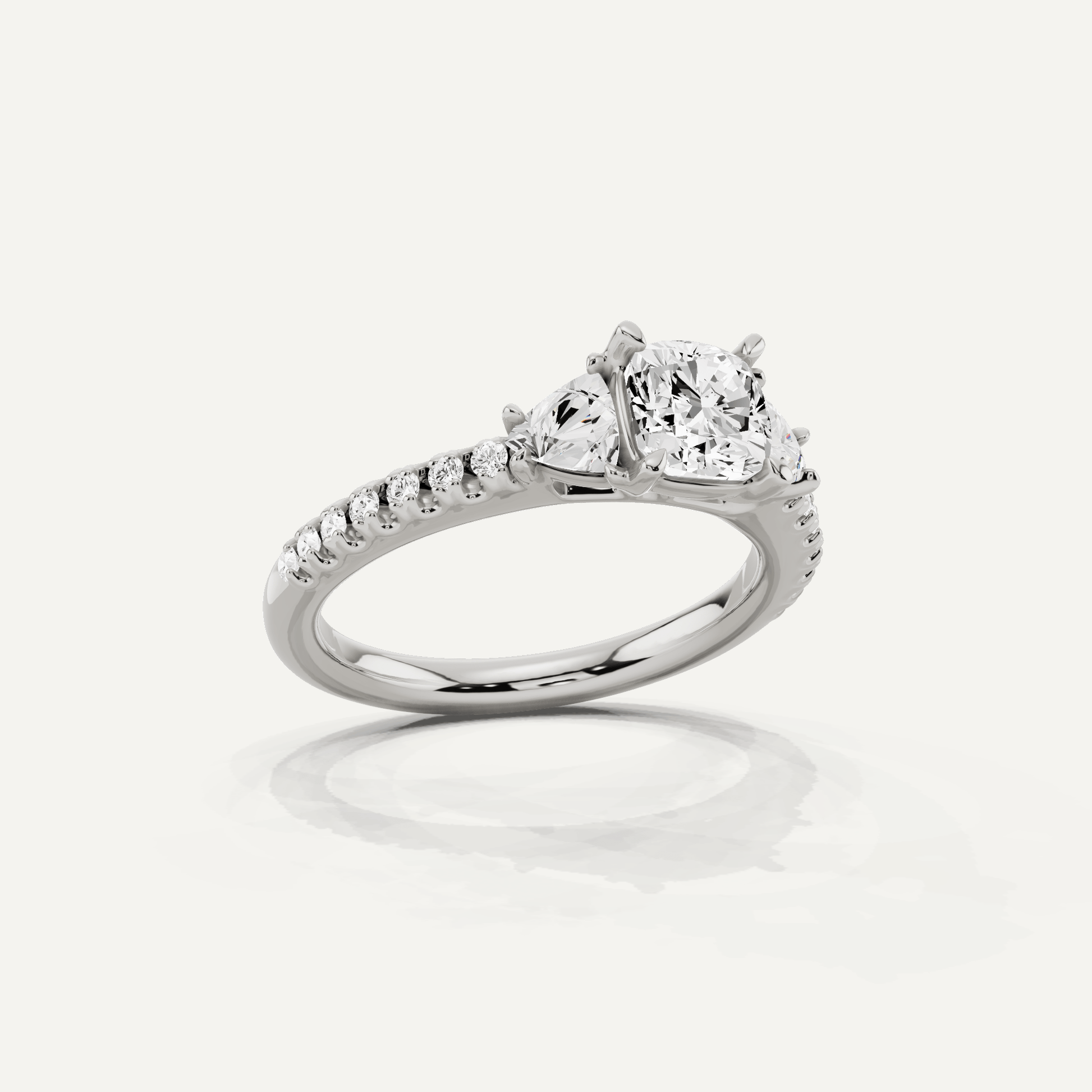 1 1/4 ctw Cushion Diamond Three Stone Engagement Ring With Trillion Side Stones - Lotus Diamond
