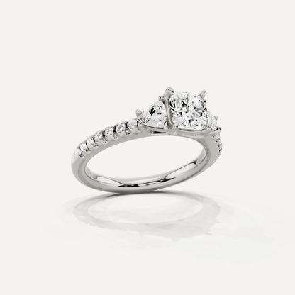 1 1/4 ctw Cushion Diamond Three Stone Engagement Ring With Trillion Side Stones - Lotus Diamond