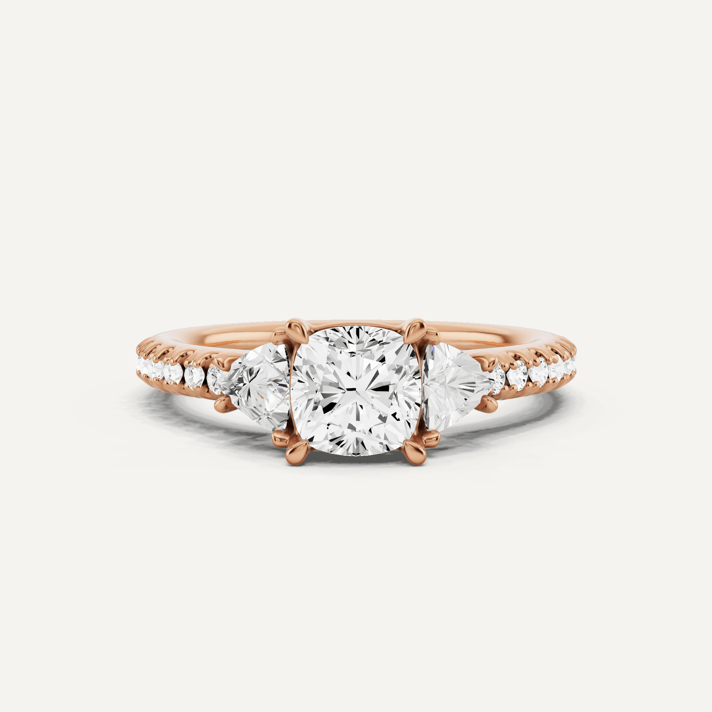 1 1/4 ctw Cushion Diamond Three Stone Engagement Ring With Trillion Side Stones - Lotus Diamond