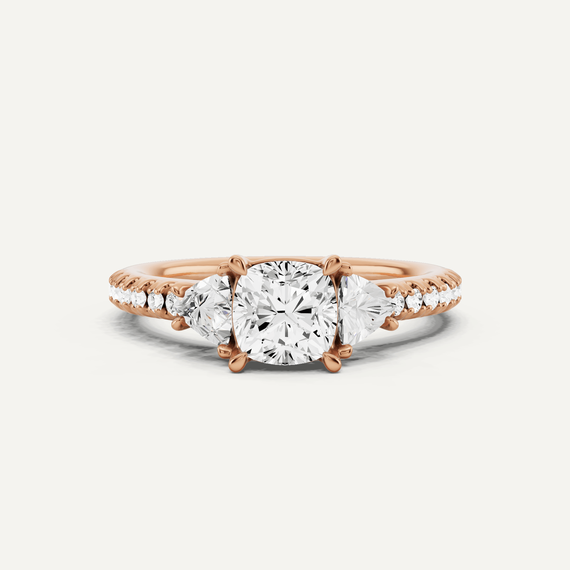 1 1/4 ctw Cushion Diamond Three Stone Engagement Ring With Trillion Side Stones - Lotus Diamond