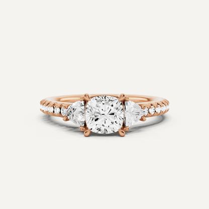 1 1/4 ctw Cushion Diamond Three Stone Engagement Ring With Trillion Side Stones - Lotus Diamond