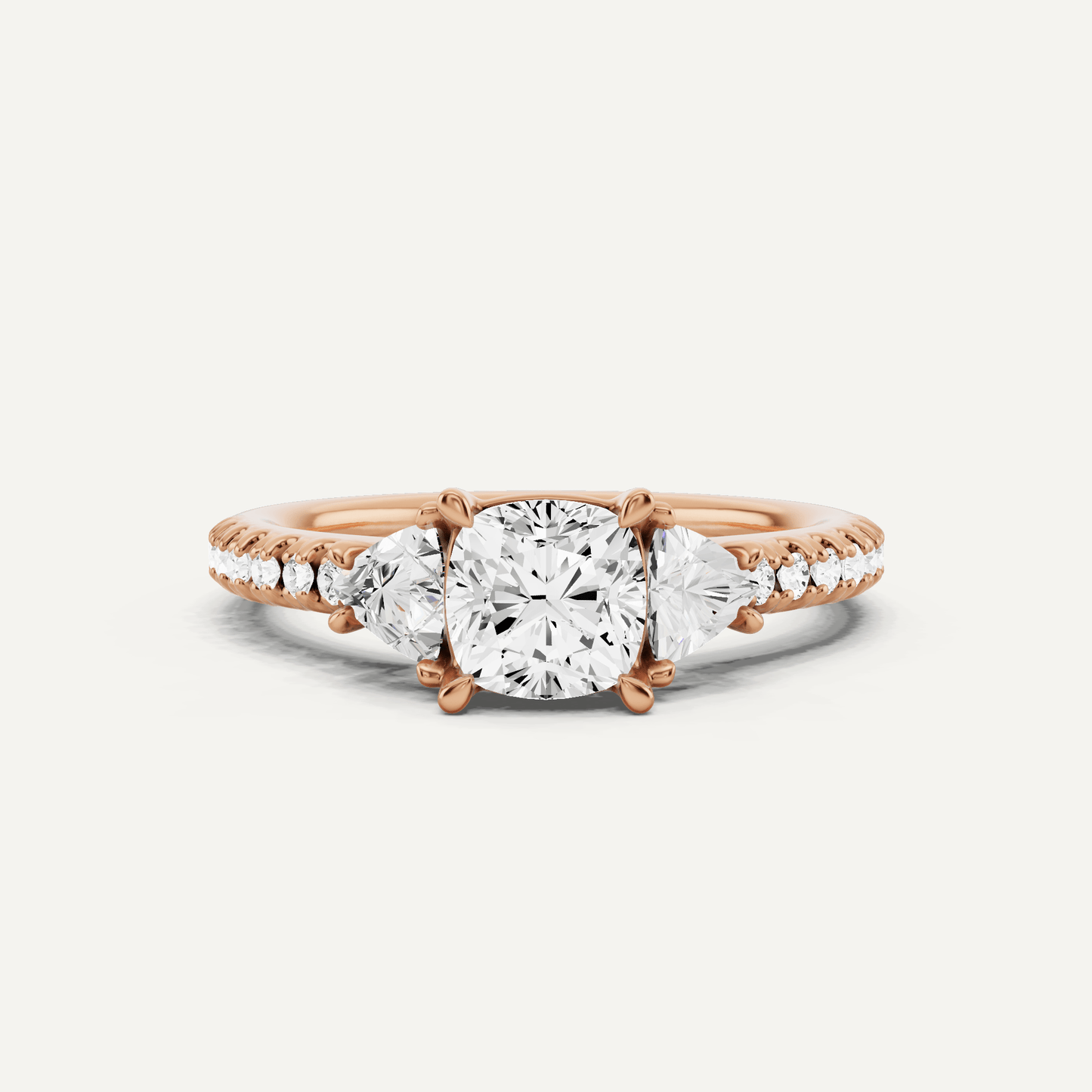 1 1/4 ctw Cushion Diamond Three Stone Engagement Ring With Trillion Side Stones - Lotus Diamond