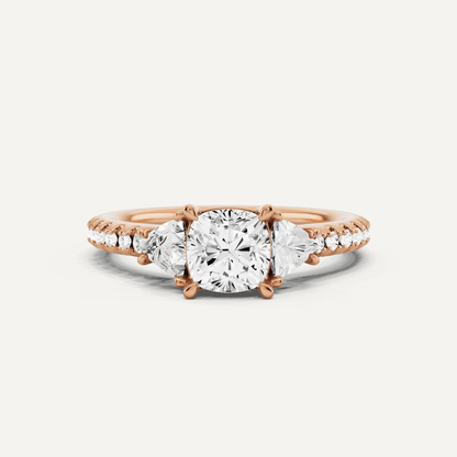 1 1/4 ctw Cushion Diamond Three Stone Engagement Ring With Trillion Side Stones - Lotus Diamond