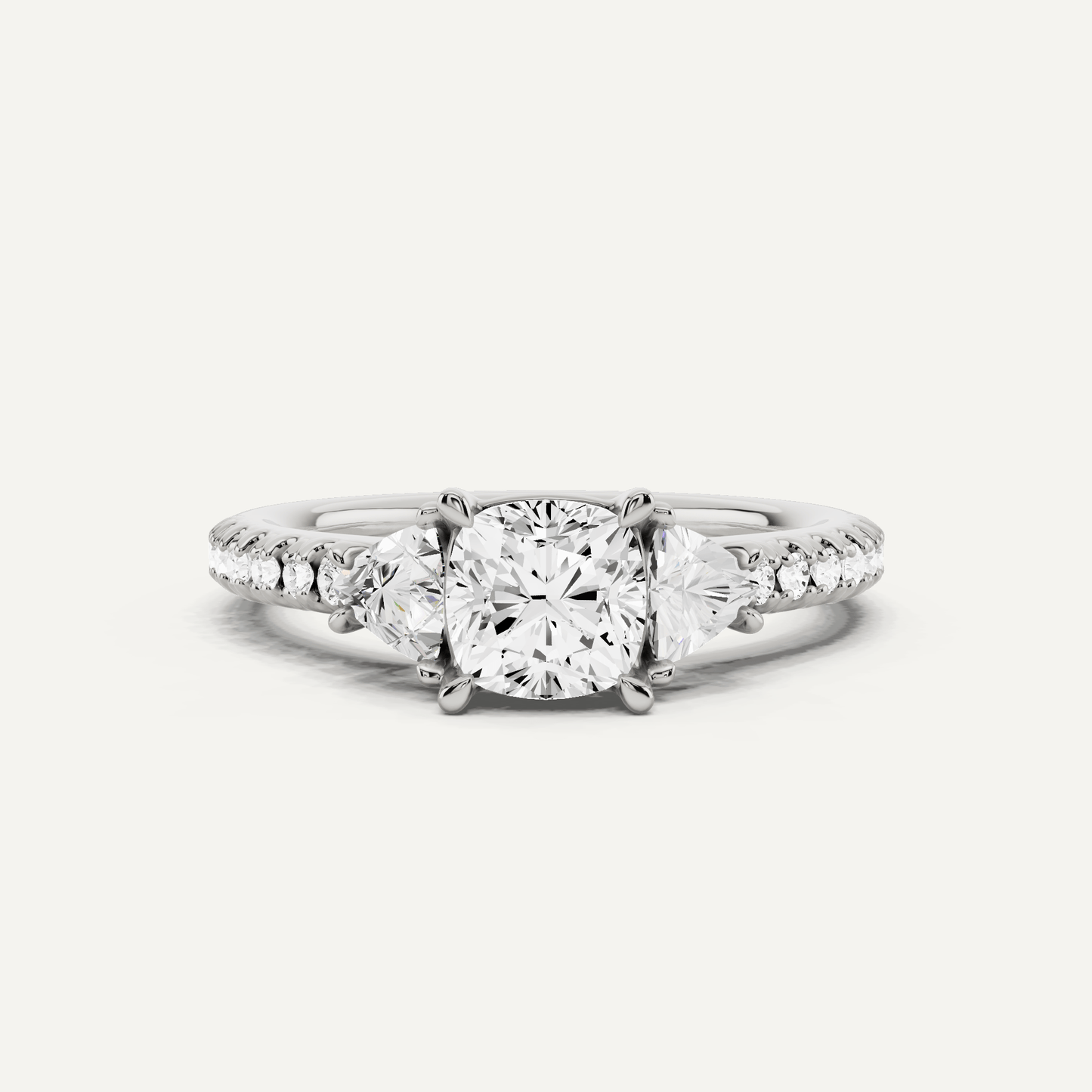 1 1/4 ctw Cushion Diamond Three Stone Engagement Ring With Trillion Side Stones - Lotus Diamond