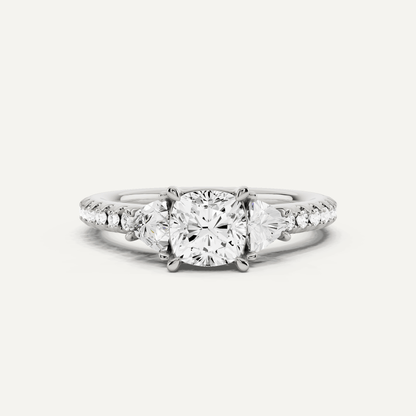 1 1/4 ctw Cushion Diamond Three Stone Engagement Ring With Trillion Side Stones - Lotus Diamond