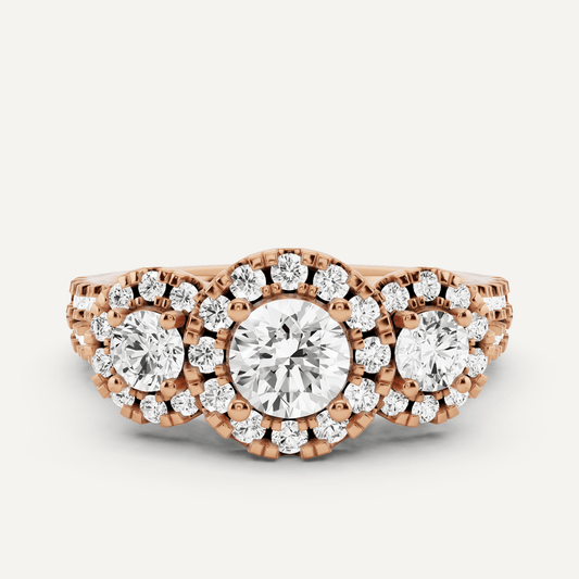 1 1/4 ctw Round Diamond Three Stone Halo Engagement Ring - Lotus Diamond