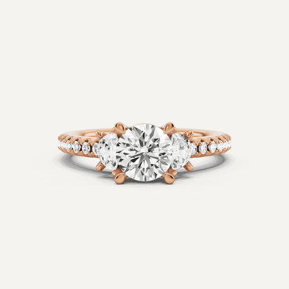 1 1/5 ctw Round Diamond Three Stone Engagement Ring With Half Moon Sides - Lotus Diamond