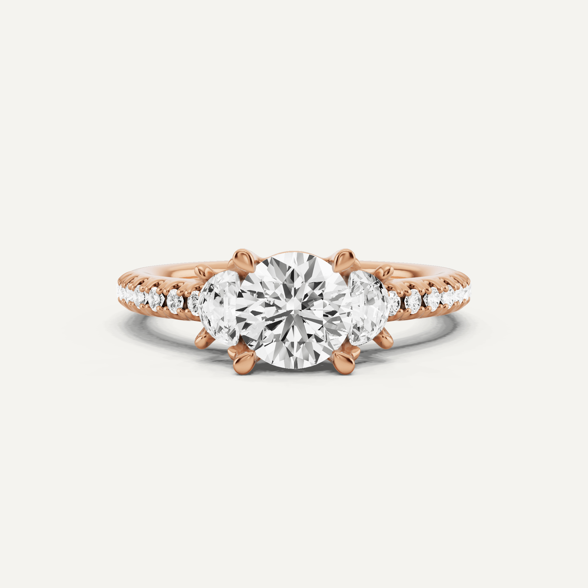 1 1/5 ctw Round Diamond Three Stone Engagement Ring With Half Moon Sides - Lotus Diamond