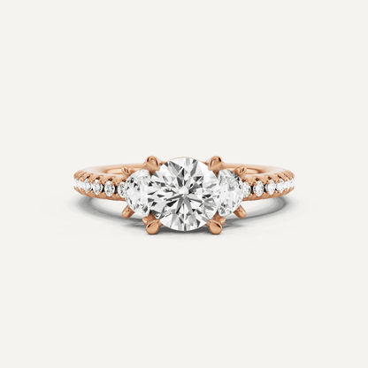 1 1/5 ctw Round Diamond Three Stone Engagement Ring With Half Moon Sides - Lotus Diamond