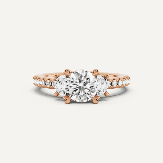 1 1/5 ctw Round Diamond Three Stone Engagement Ring With Half Moon Sides - Lotus Diamond