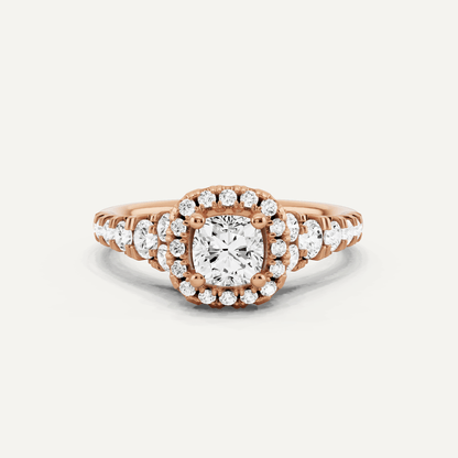 1 1/8 ctw Cushion Diamond Graduated Halo Engagement Ring - Lotus Diamond