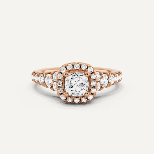 1 1/8 ctw Cushion Diamond Graduated Halo Engagement Ring - Lotus Diamond