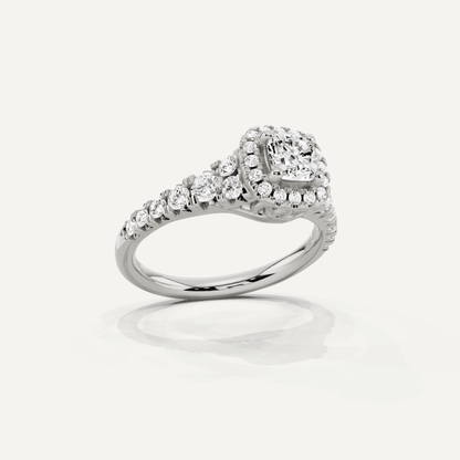 1 1/8 ctw Cushion Diamond Graduated Halo Engagement Ring - Lotus Diamond