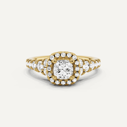 1 1/8 ctw Cushion Diamond Graduated Halo Engagement Ring - Lotus Diamond