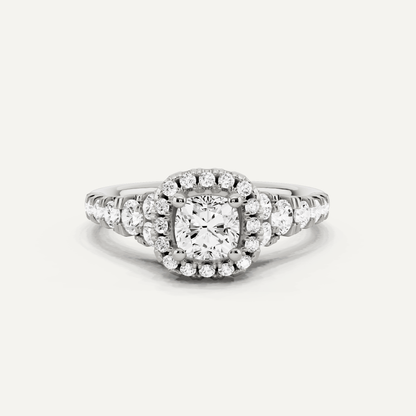 1 1/8 ctw Cushion Diamond Graduated Halo Engagement Ring - Lotus Diamond