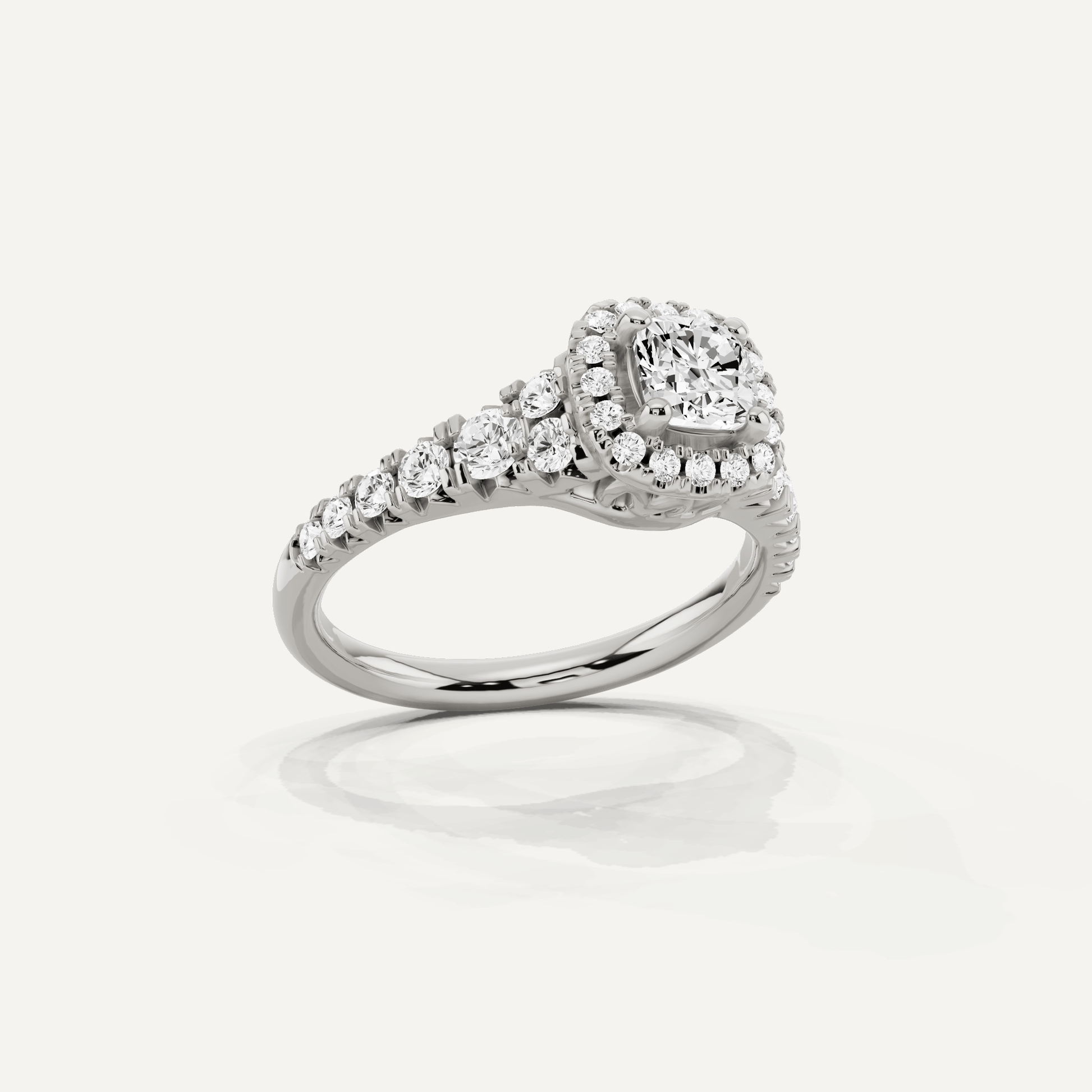 1 1/8 ctw Cushion Diamond Graduated Halo Engagement Ring - Lotus Diamond