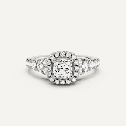 1 1/8 ctw Cushion Diamond Graduated Halo Engagement Ring - Lotus Diamond
