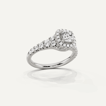 1 1/8 ctw Cushion Diamond Graduated Halo Engagement Ring - Lotus Diamond