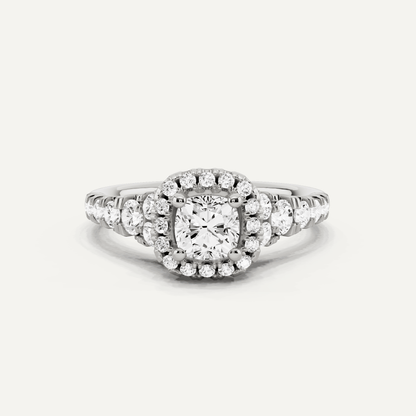 1 1/8 ctw Cushion Diamond Graduated Halo Engagement Ring - Lotus Diamond