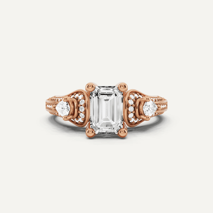 1 2/3 ctw Emerald Diamond Vinatge Inspired Three Stone Engagement Ring - Lotus Diamond