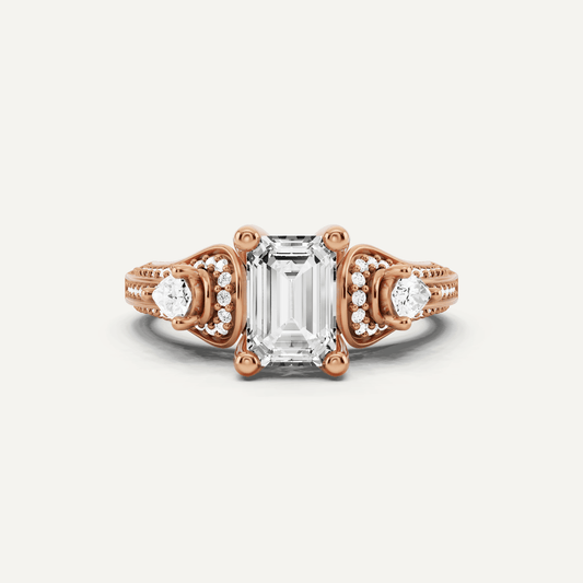 1 2/3 ctw Emerald Diamond Vinatge Inspired Three Stone Engagement Ring - Lotus Diamond
