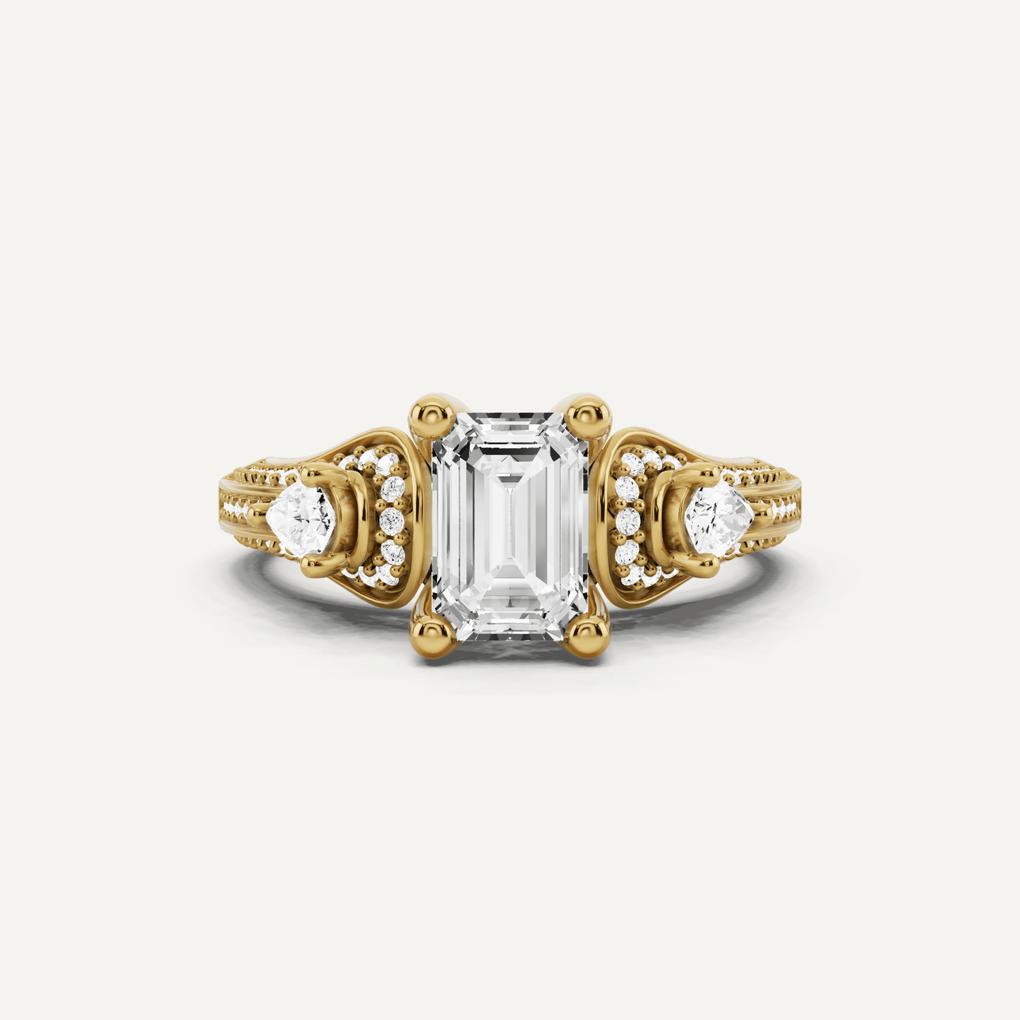 1 2/3 ctw Emerald Diamond Vinatge Inspired Three Stone Engagement Ring - Lotus Diamond