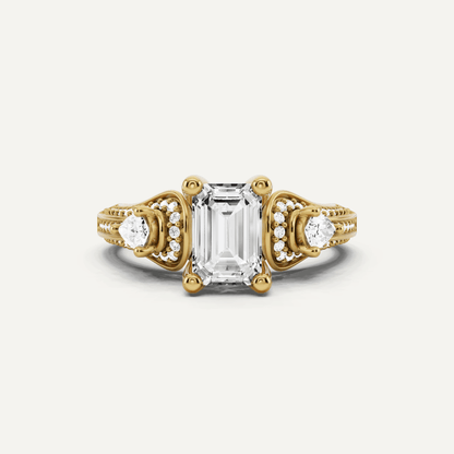 1 2/3 ctw Emerald Diamond Vinatge Inspired Three Stone Engagement Ring - Lotus Diamond