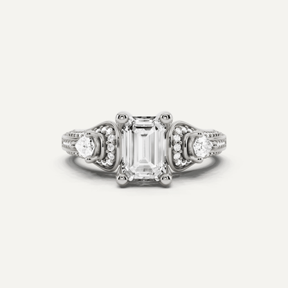1 2/3 ctw Emerald Diamond Vinatge Inspired Three Stone Engagement Ring - Lotus Diamond